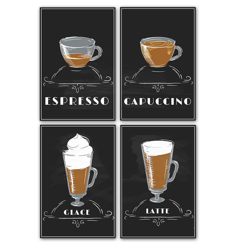 Wildmark Coffee Types Small Size Set Of 4 Posters Wall Art for Any Kitchen, Cafe Bar, Dinner or Restaurant Decoartion (Black, 6x9 Inches, Paper)