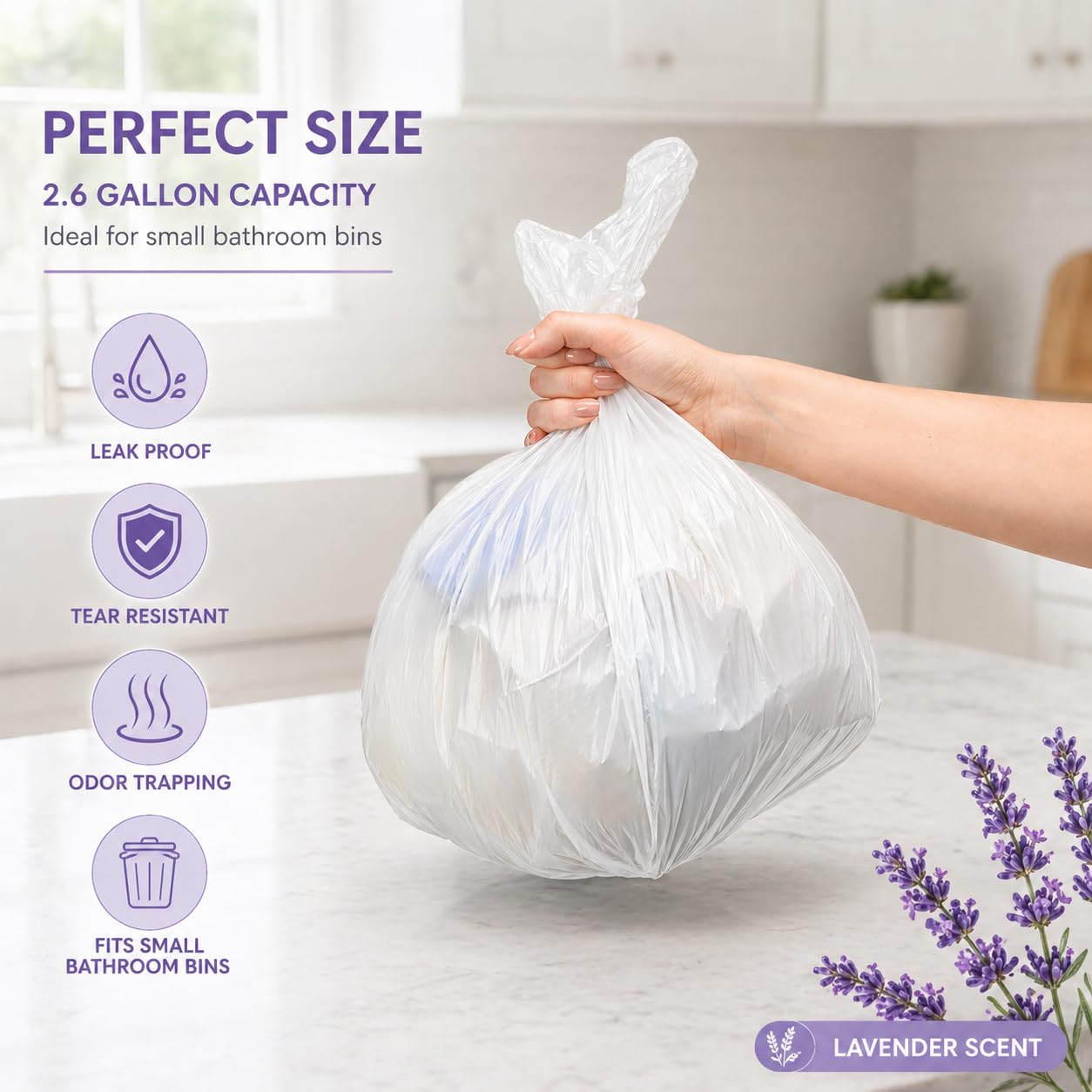 Sacchetti per la spazzatura profumati alla lavanda da 2,6 galloni (200 conteggi) bianchi piccoli sacchetti per la spazzatura del bagno, sacchetti per bidoni per casa, ufficio, 200 sacchetti