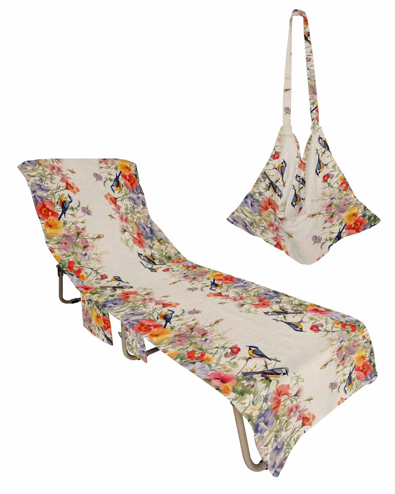 Vintage Flowers Beach Lounge Chair Towel Cover, Soft Chaise Lounge Towel with Side Pockets Patio Pool Chairs Cover for Beach/Pool Sunbathing 29x85 Spring Floral Botanical Rustic Pastoral