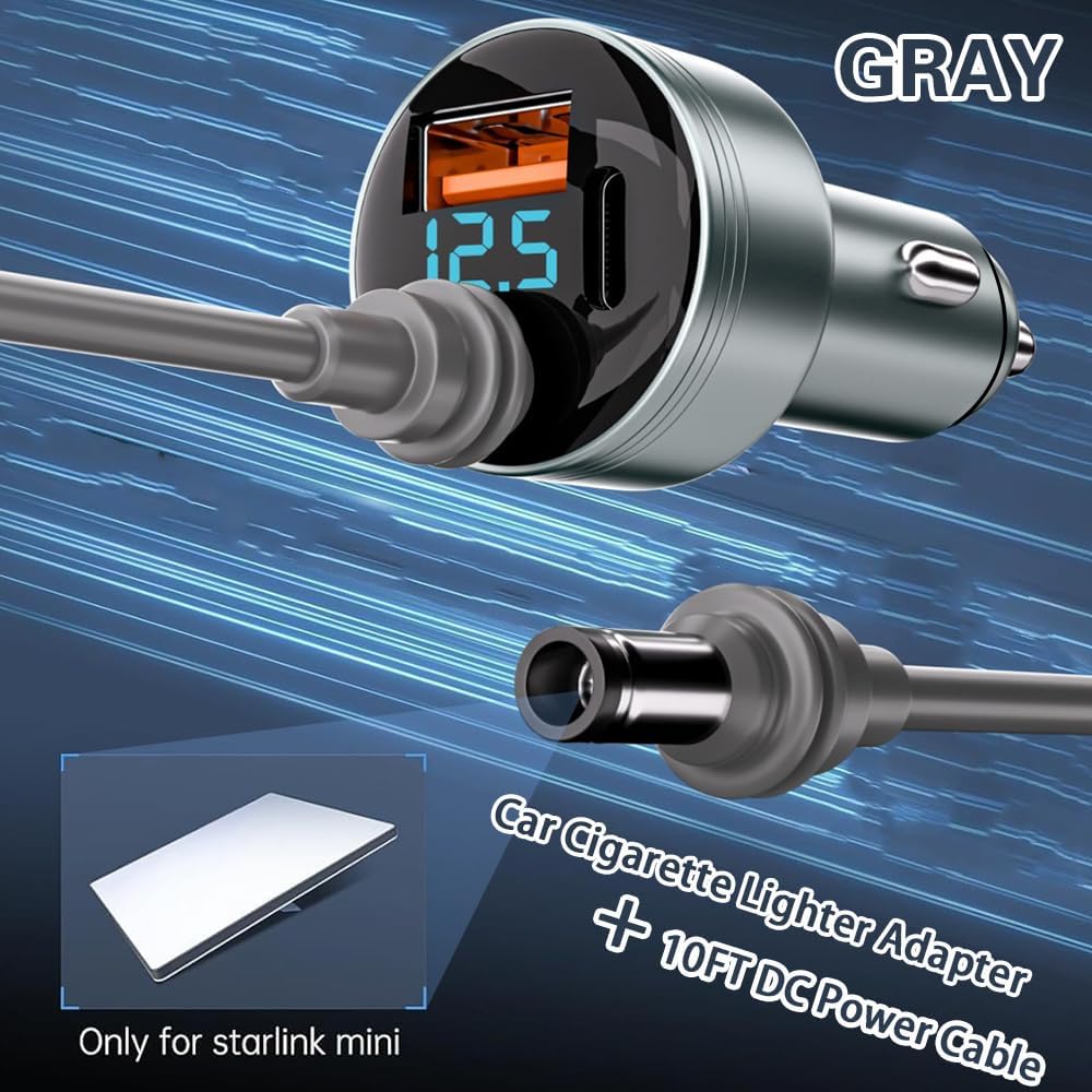 DC Power Cable 16AWG for Starlink Mini, 3 in 1 Digital Car Charger Cigarette Lighter Adapter 12V-24V with USB C 45W Fast Charging and USB A Ports for Truck,RV,Bus,Ship (Gray Adapter and Cable, 10FT)