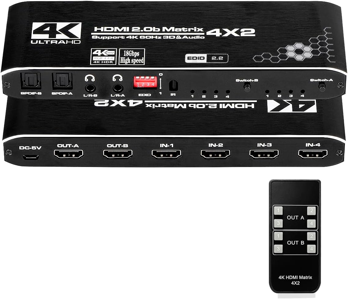 ENBUER 4K HDMI Matrix Switch 4x2, 4 In 2 Out Box with EDID Extractor and IR Remote Control Support, HDMI 2.0b, HDCP 2.2, 4K@60Hz, 3D, 1080P
