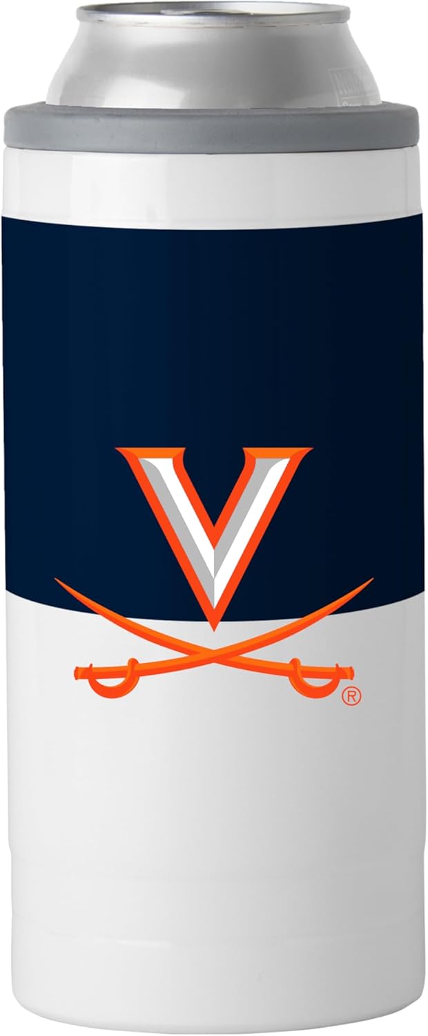 Logo Brands NCAA Virginia Cavaliers 12 oz Stainless Steel Slim Can Coolie - Double-Wall Vacuum Insulated Drink Holder With Sleek Two-Tone Design - Insulated Cooler For Hard Seltzers, Beer & More