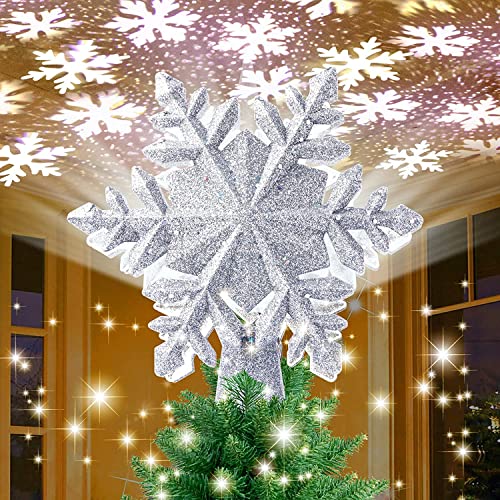 Myogrip Snowflake Christmas Tree Toppers Lighted, With Led Rotating Snowflake Projector Lights For Indoor Outdoor Christmas Tree Decorations (Silver) #TOP20