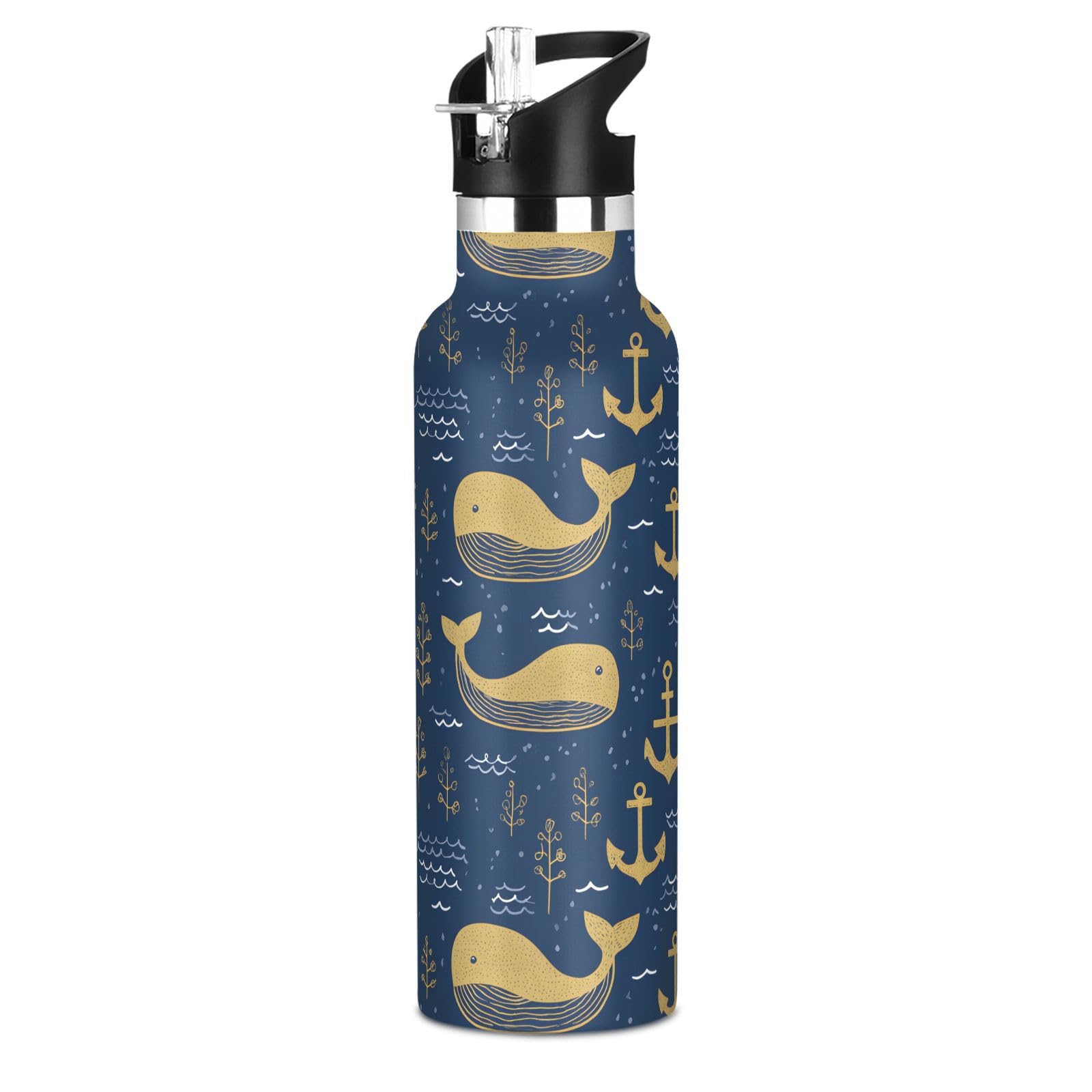 Bouteille d'eau isotherme en inox pour enfants de 600 ml avec motifs ancre et baleine