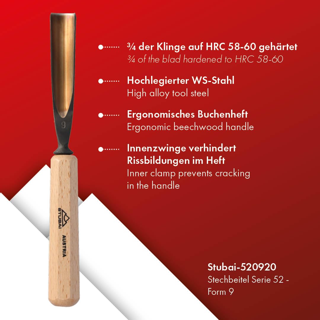 Stubai 520920 typ 9 z drewnianym uchwytem, dłuto do rzeźbienia w drewnie, złoty/beżowy, 20 mm