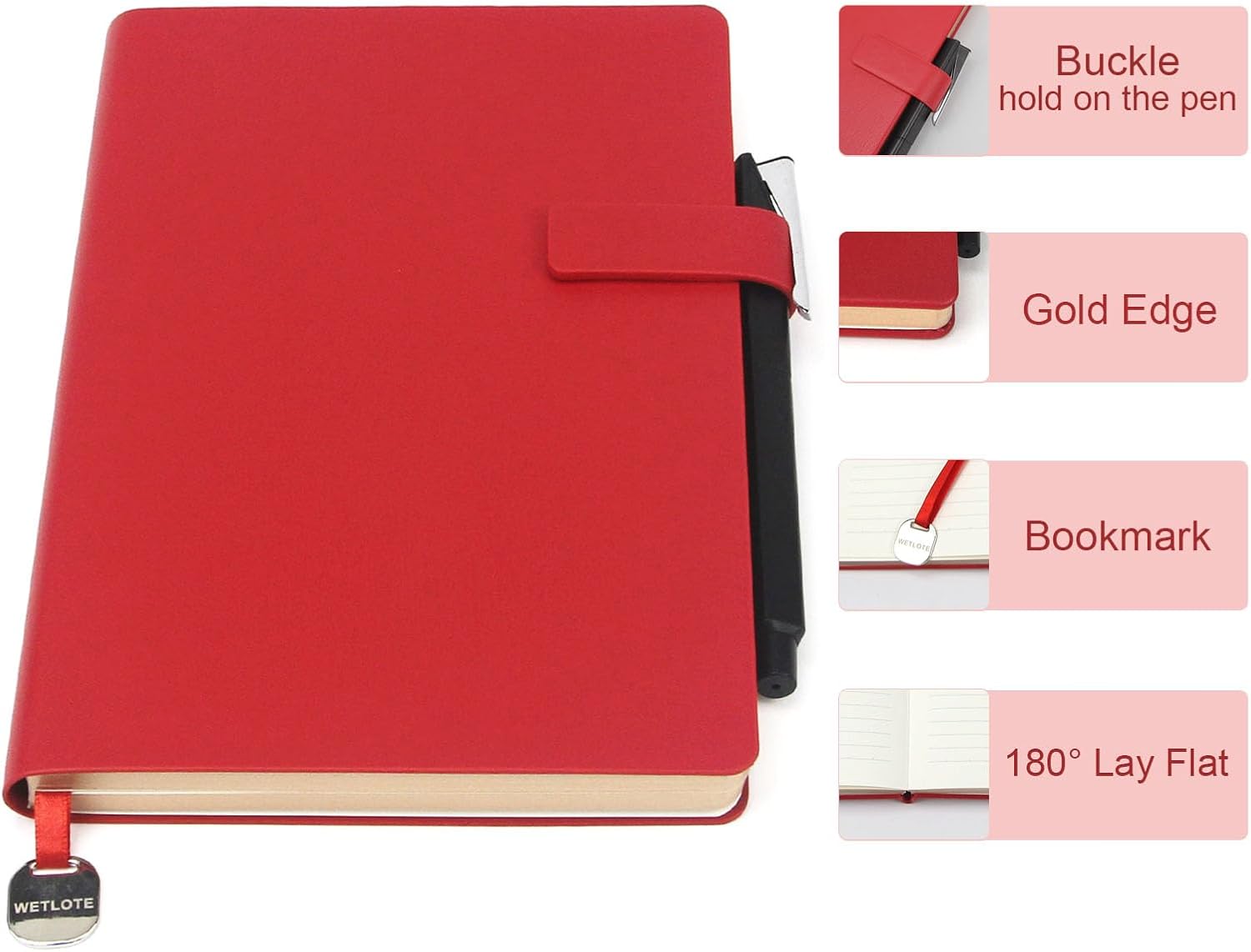 A5 Soft Cover Lined Notebook, Pen Holder & Gold Edges, 180° Lay Flat Journal, Large 5.7 x 8.4 in, Bookmark & Gift Box, Business Notebook for Work, Study, Travel(Red) image 4