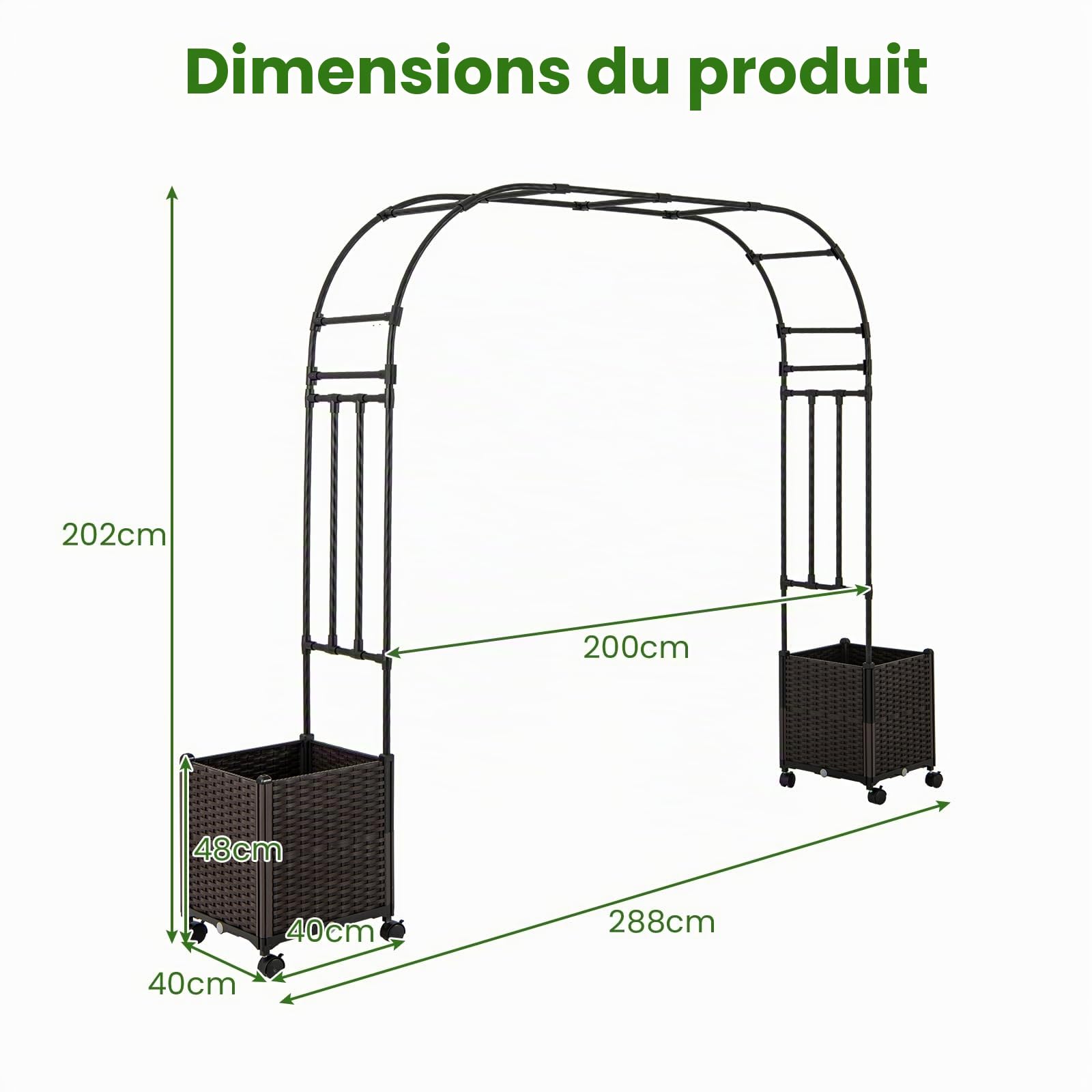 HOMASIS 2 en 1 Arche Jardin avec 2 Jardinières Mobiles, Tonnelle en Métal avec Treillis, Roues Verrouillables etTrous Drainage, Support Arche pour Plante Grimpante (288x40x202cm)