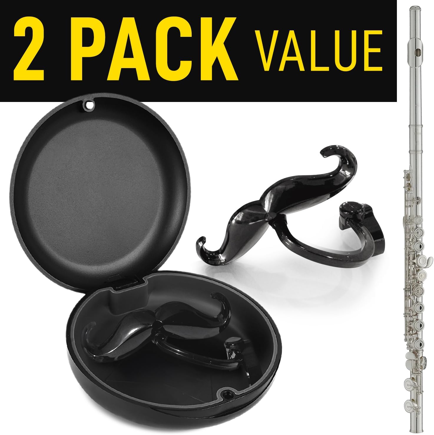 [2 Pack] Clip-On Mustache For Flutes - Includes Protective Case - Made To Fit All Flutes - Perfect Accessory For Musicians Of All Ages