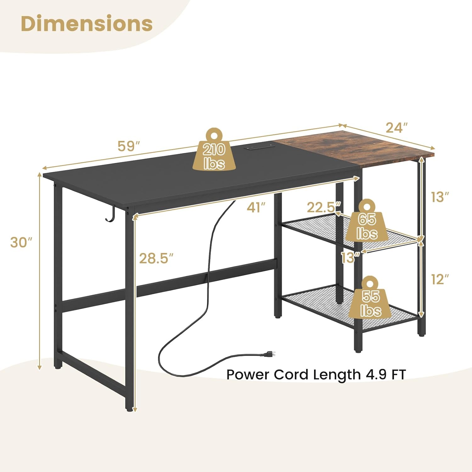 GOFLAME 59” Computer Desk, Modern Simple Study Writing Desk with Built-in Power Outlet, Removable Shelf & Side Headphone Hook, Home Office Laptop PC Desk Gaming Table Workstation (Black)