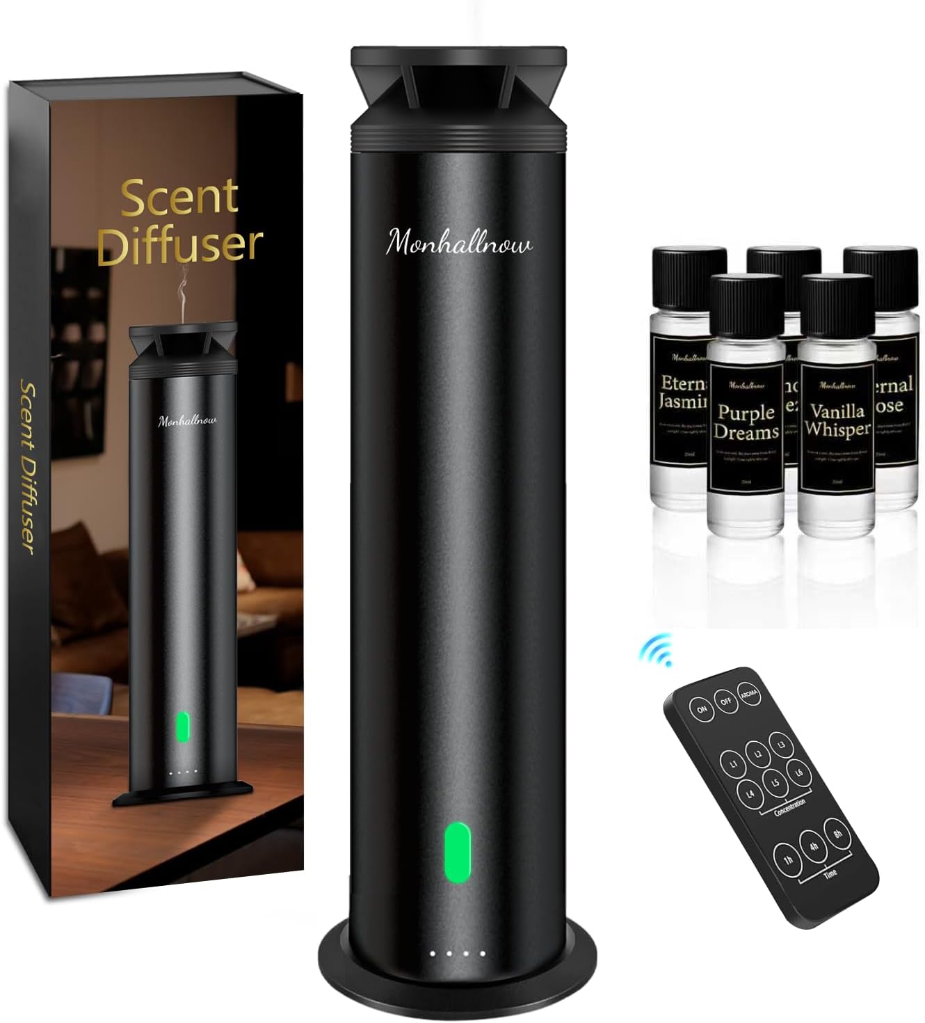Waterless Scent Diffuser Starter Kit - 1000 Sq Ft Coverage, Essential Oil Diffuser for Home, Hotel & Office, Included 5 Scent Oils, Remote Control, Aromatherapy Diffuser, Ultra Black