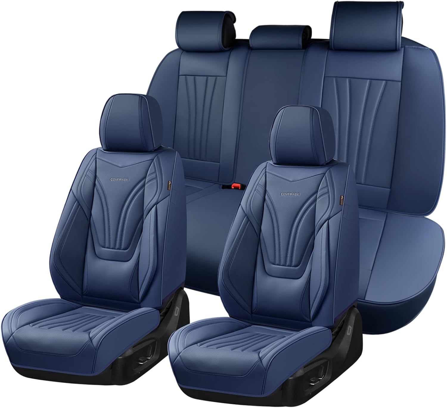Coverado Car Seat Covers Full Set, 5 Piece Car Seat Protector with Lumbar Support & Removable Headrest, Breathable Leather Front Rear Seat Cushion Universal Fit for Truck Automotive Blue
