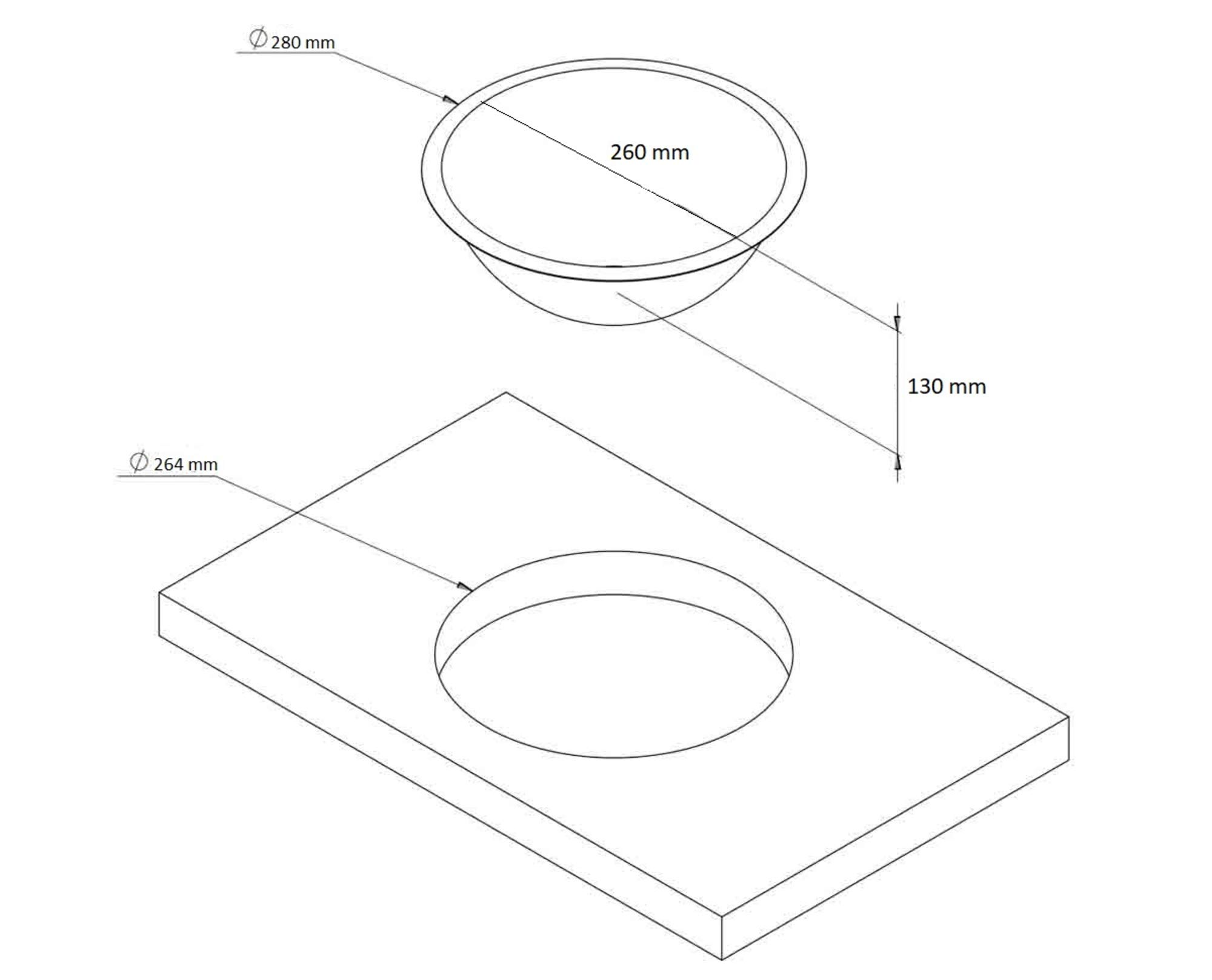 Lavello rotondo in acciaio inox per roulotte, 260 mm, profondità 130 mm