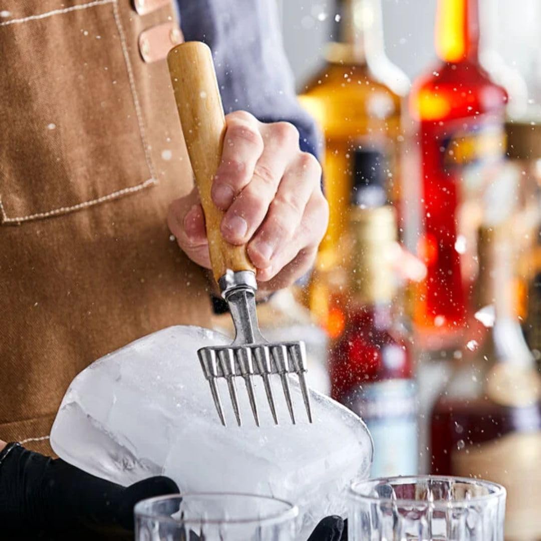 Soro Essentials- 9” Stainless Steel 6 Prong Ice Chipper with Wooden Handle- Kitchen Ice Carving Tool Ice Breaking Tool for Breaking Ice Kitchen Bars Bartender Ice Chipper Home Restaurants