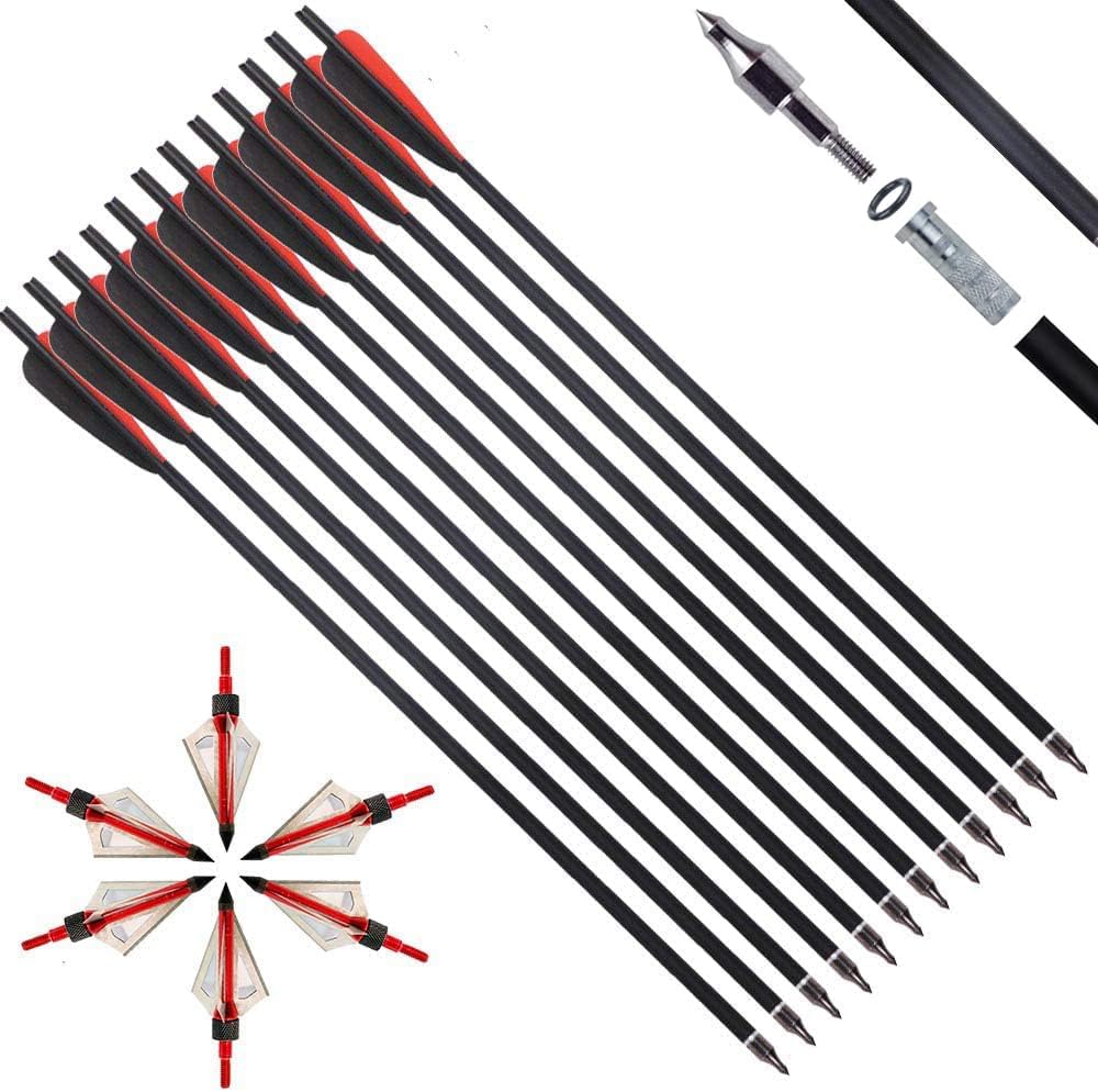 IRQ 20 Inch Carbon Crossbow Bolt and Crossbow Broadheads Set, 12 Pcs Hunting Carbon Arrows for Crossbow with 3 Blade Broadheads 6 Pcs for Archery Practise Hunting Crossbow Arrows Black and red