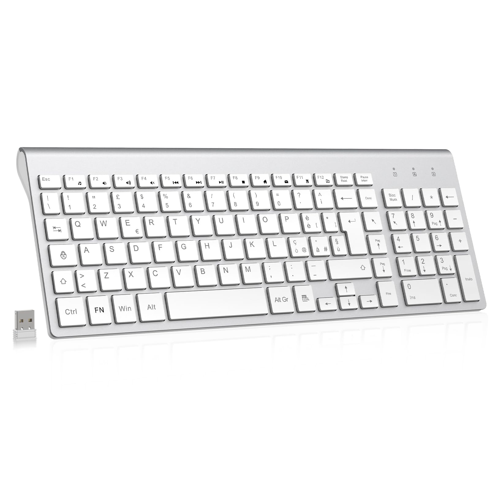cimetech Tastiera wireless, Layout Italiano QWERTY, 2.4G tastiera USB per computer con tastierino numerico e tasti ergonomici per computer, PC, laptop, tablet, desktop, Android Smart TV (argento)