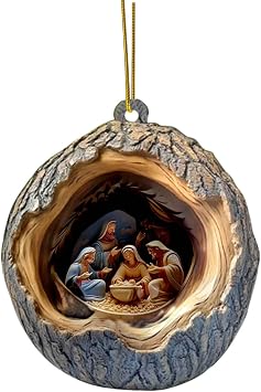 3.14inch Christian Nativity Scenes Ornaments for Christmas Tree Acrylic Imitation Wood Hanging Ornaments with The Birth of Jesus in Nest Plastic Flat Religious Keepsake Pendant for Winter Party G