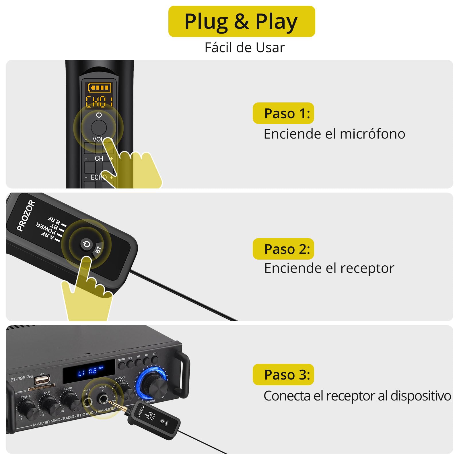 PROZOR Micrófono Inalámbrico UHF con Control de Eco de Graves Agudos de Volumen, Micrófono Karaoke Recargable Sistema de Micrófono Dinámico de Mano Dual con Receptor Recargable para Karaoke, DJ, Bodas
