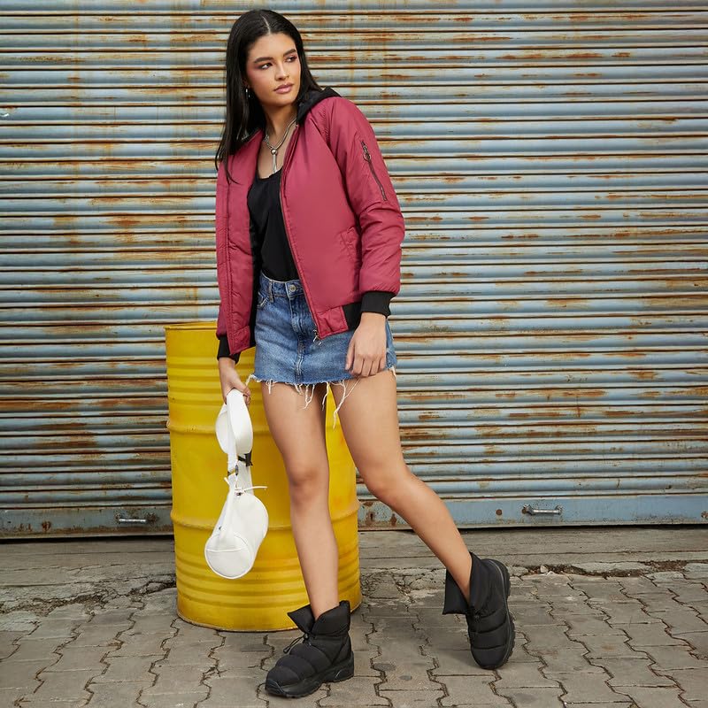 Image of Campus Sutra Women's Fleece-Lined Biker Jacket For Casual Wear | Spread Collar | Long Sleeve | Zipper Closure | Jacket Crafted With Comfort Fit For Everyday Wear