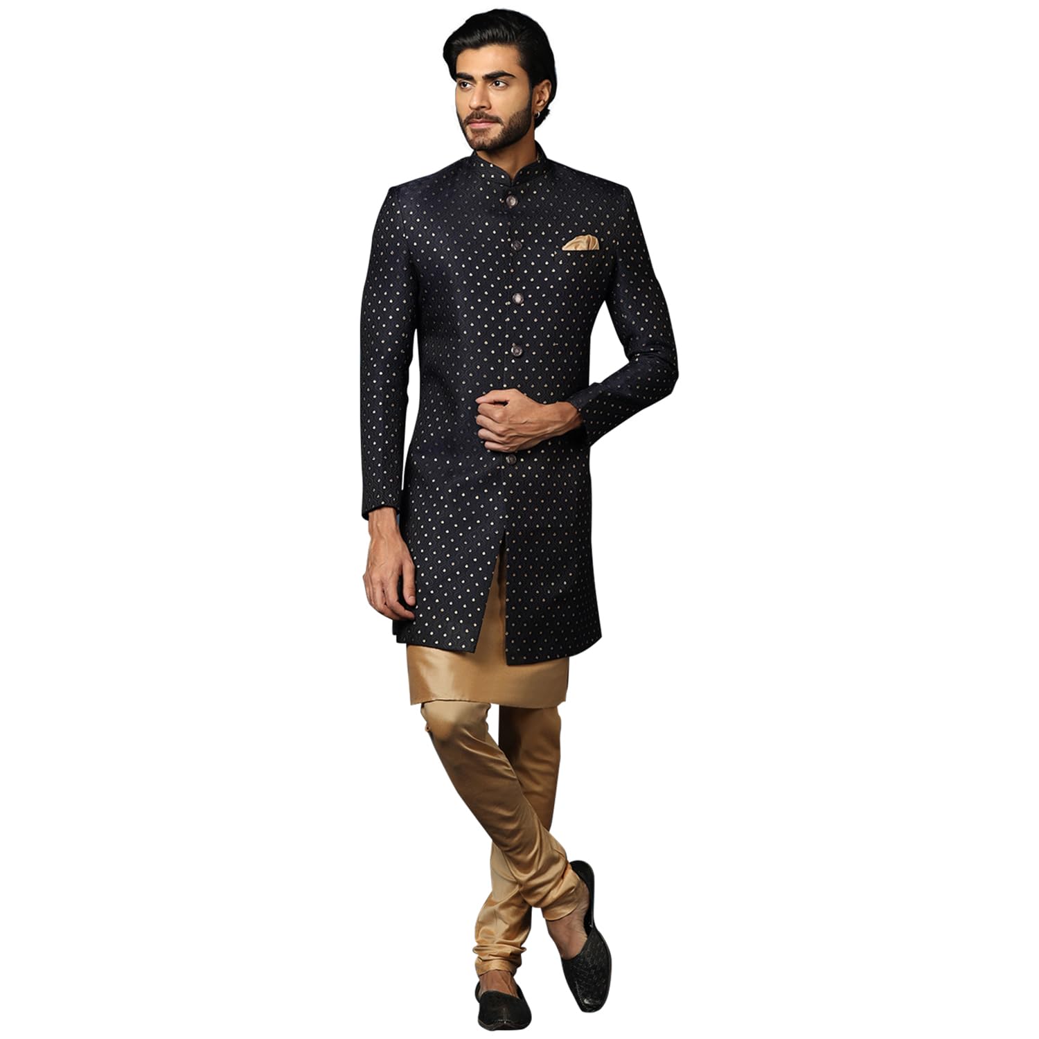 Kisah Men's Navy Blue And Golden Indo-Western Kurta Sherwani Churidar Set Cotton Full Sleaves, Knee Length, Straight, Regular Fit, Mandarin Collar Ethnic Wear