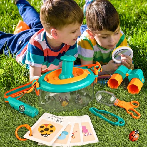 PUPU PIG Bug Catcher for Kids Outdoors Toys, Bug Catching Kit with Butterfly Net, Critter Keeper, Magnifying Glass, Bug Catchers, Tweezers & Learning Cards, Kids Explorer Camping Kit Child Gifts