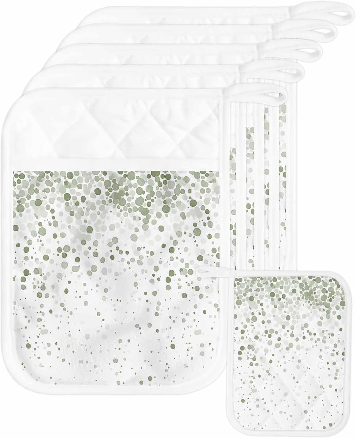 5 Pack Pot Holder with Pocket, Sage Green Gradient Polka Dot Kitchen Potholders Heat Proof Non Slip Pot Holders Sets, Modern Abstract Art Hot Pads Potholder for Cooking Baking BBQ