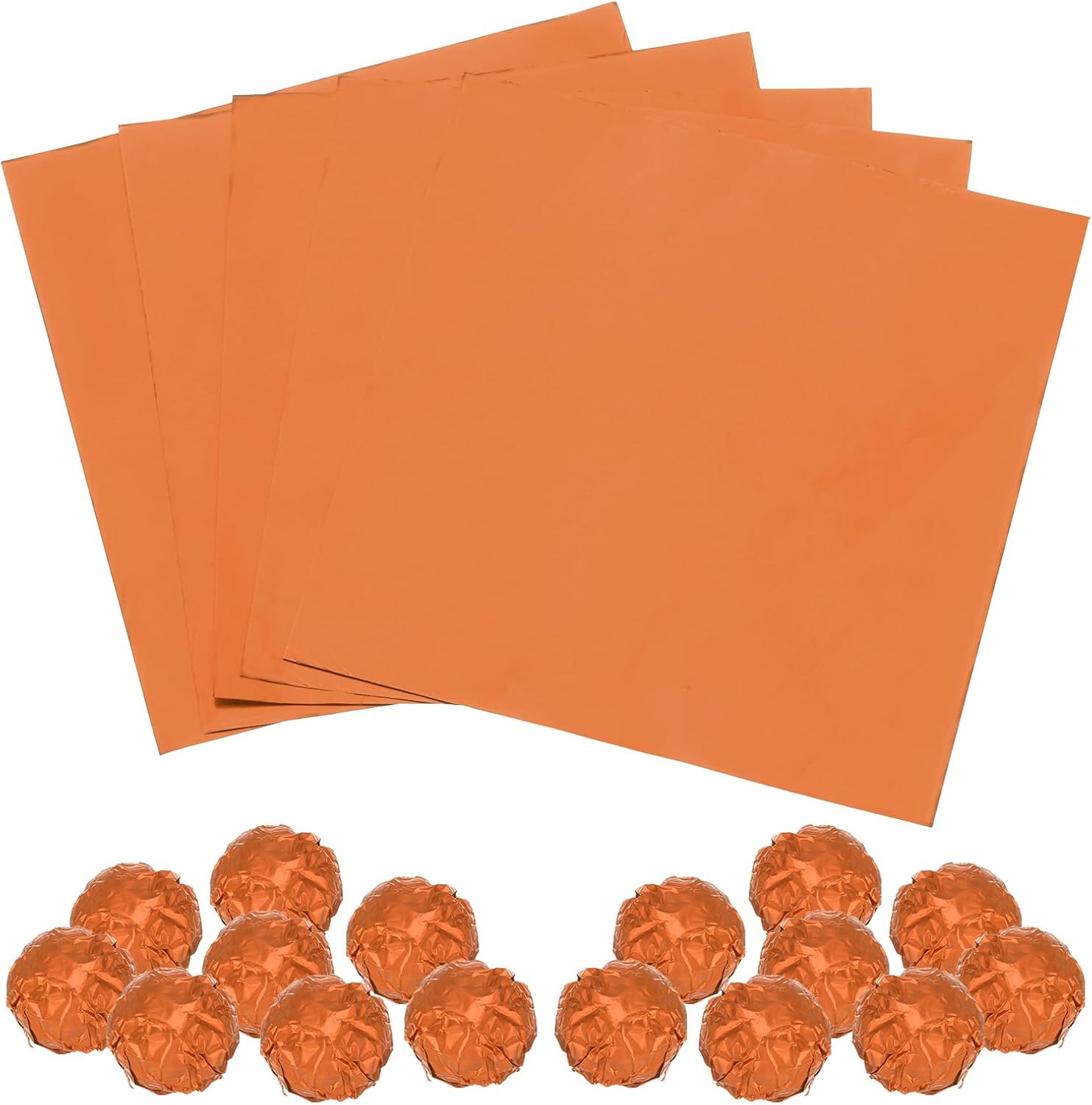 MECCANIXITY 100 Pcs Orange Chocolate Foil Wrappers, 3" x 3" Glossy Texture Aluminum Foil Wrapping Paper for DIY Candies, Parties, Weddings