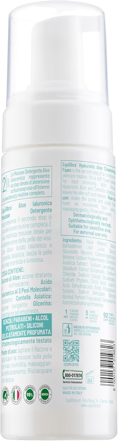 Equilibra, Aloe Ialuronica Mousse Detergente Viso, con Succo di Aloe, Acido Ialuronico ai 3 Pesi Molecolari e Centella Asiatica, Doppia Detersione, per Pelli Sensibili, Clinicamente Testata, 150ml