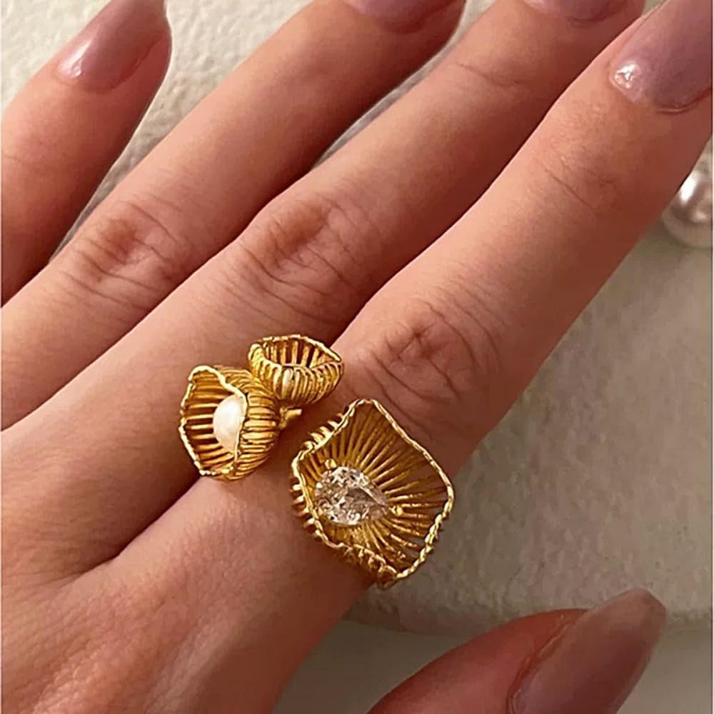 Dtja Dainty Abstract Flower Gold Plated Statement Ring for Women Fashion Crystal Geometric Floral Adjustable Expandable Open Wrap Rings Comfort Fit Delicate Holiday Wedding Party Jewelry Gift - Image 2