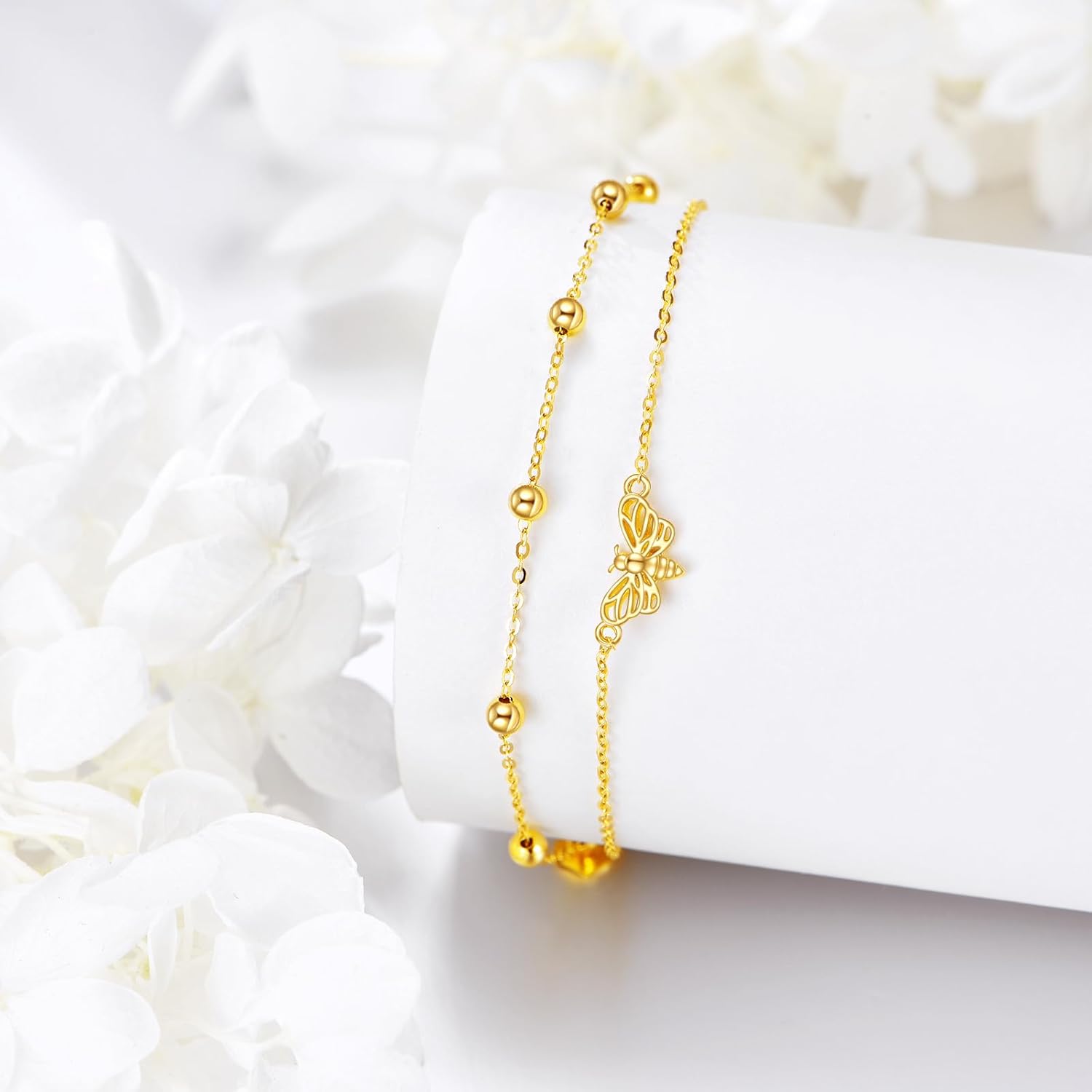 KECHO 14k Yellow Gold Butterfly/Dragonfly/Frog/Sunflower/Daisy/Tree of life/Moon/Clover Bracelet Anklet for Women