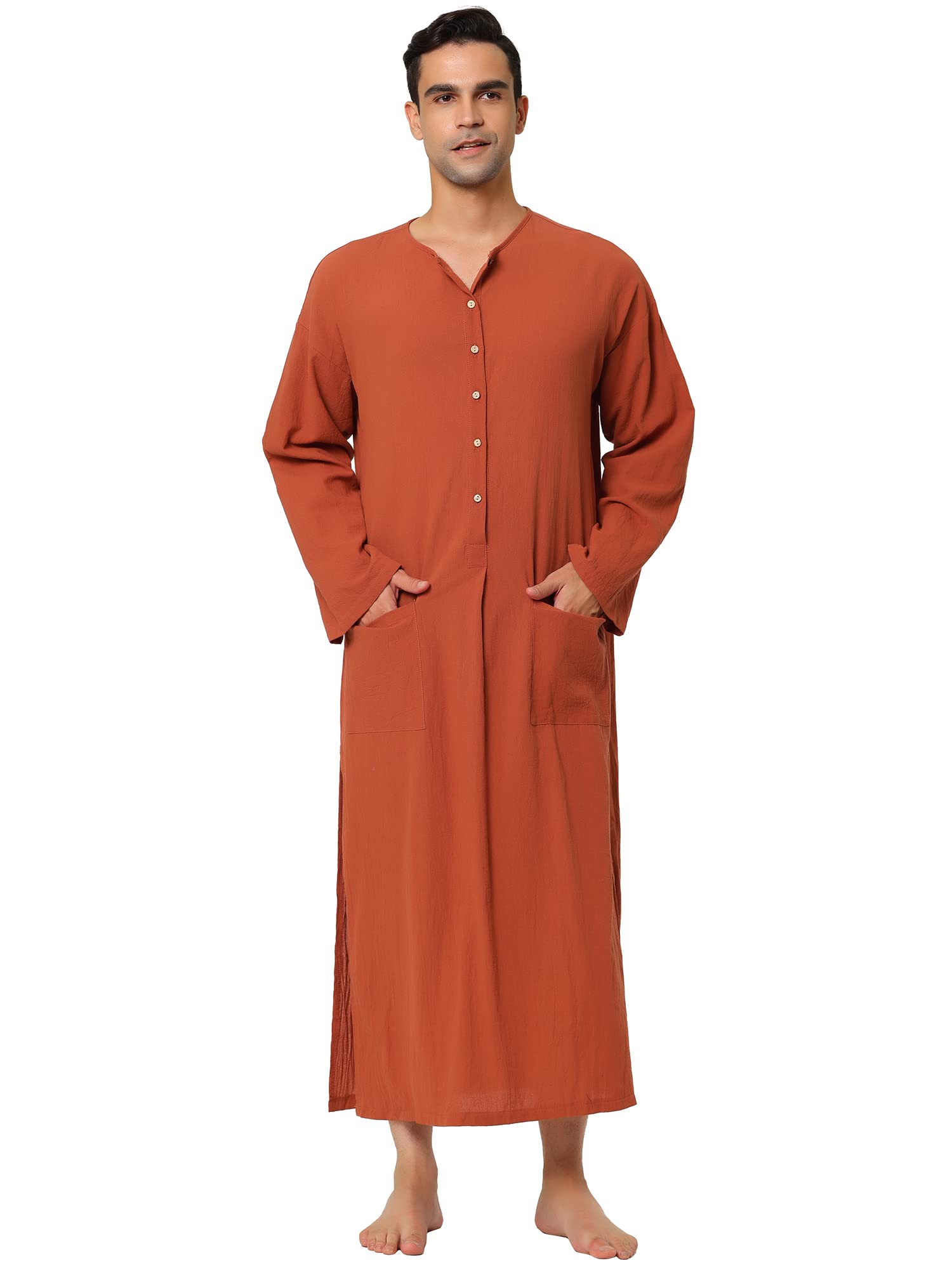 Lars Amadeus Men's Pajamas, Nightshirt, Cotton, Sleep Shirt, Side Split, Deep Sleep, Long Gown, With Pockets Medium brick red