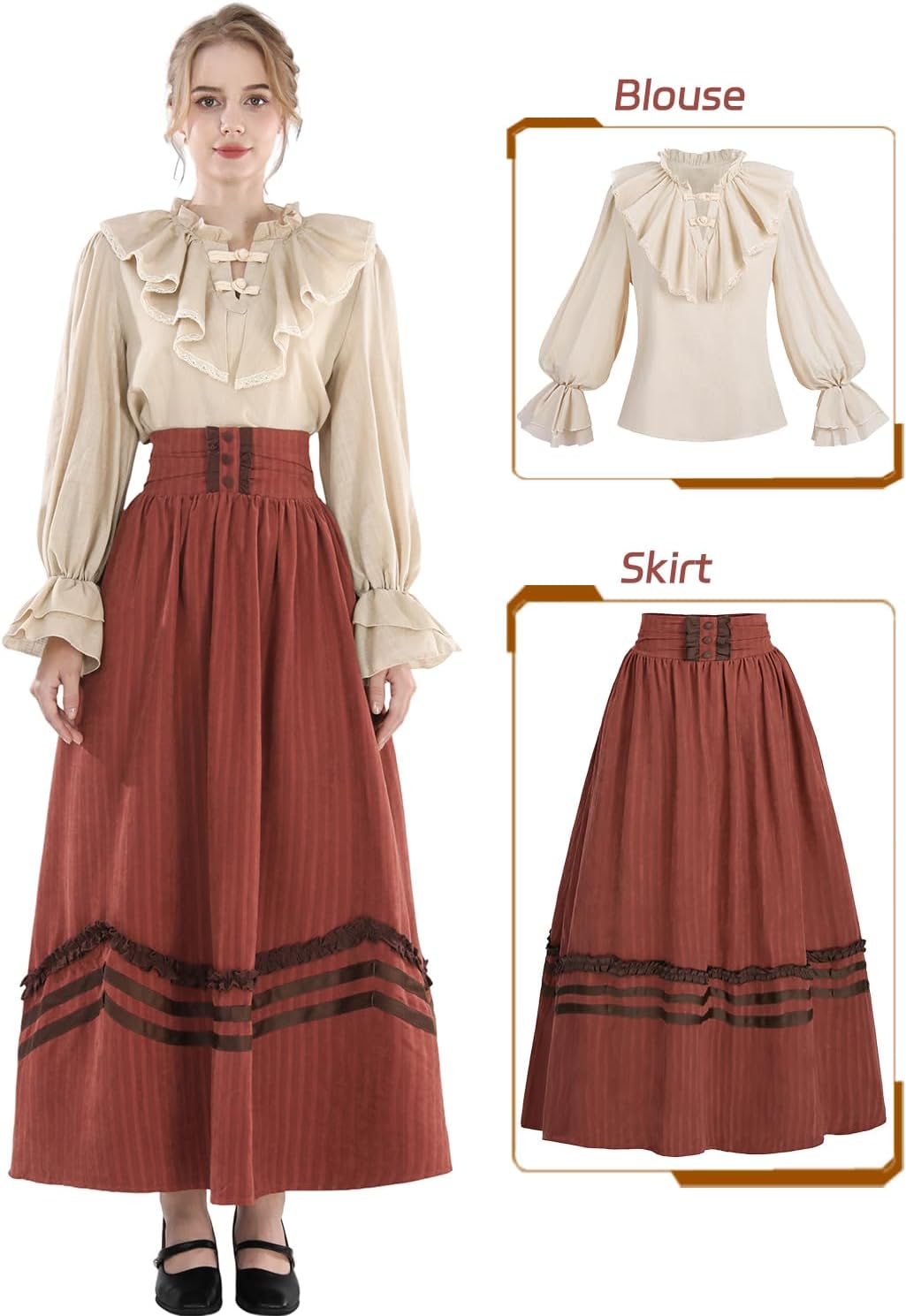 FCCAM 1800s Victorian Dress for Women 2-Piece Ruffle Edwardian Dress Costume Ball Gown Renaissance Dress