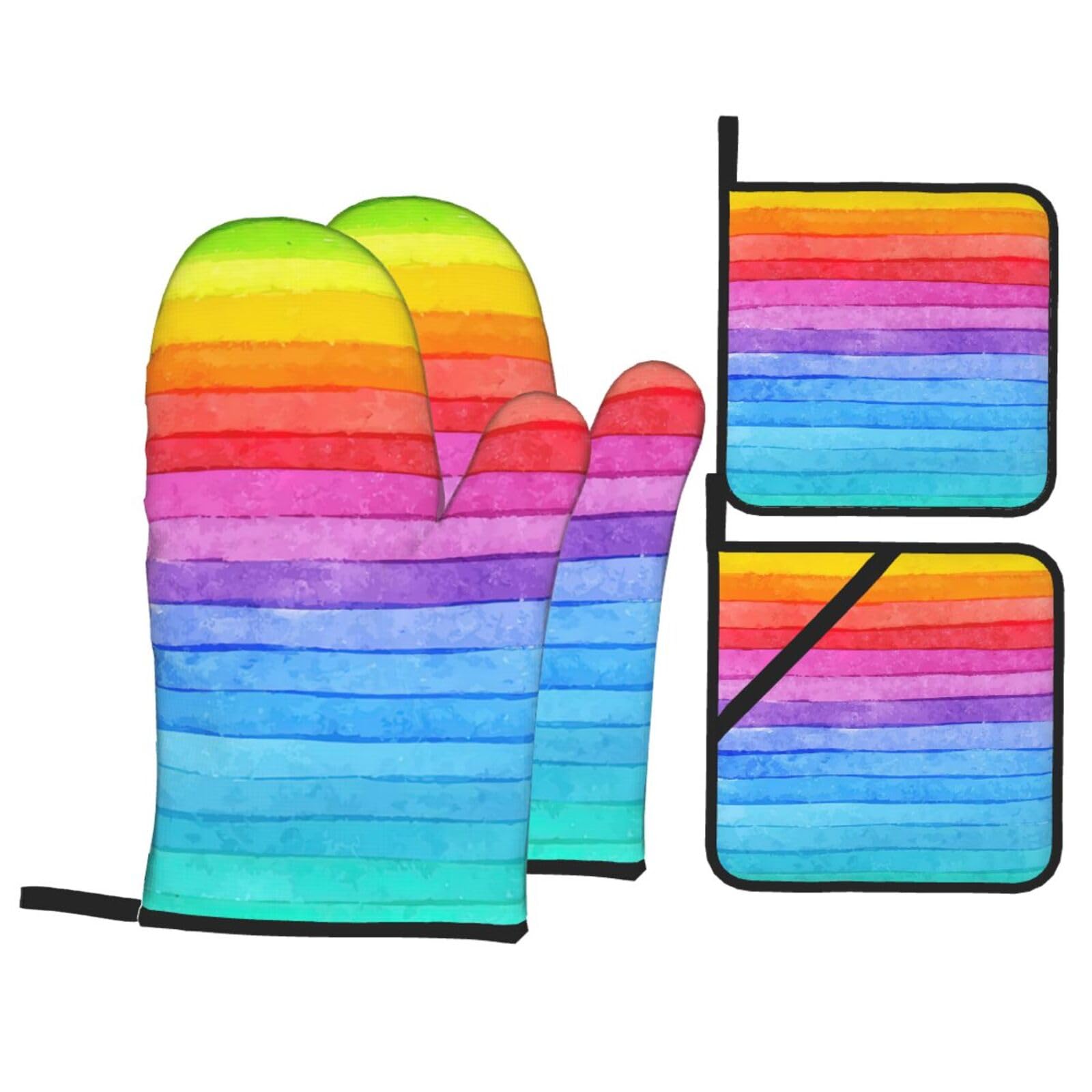 Rainbow Colored Striped Print 4-Piece Heat-Resistant Oven Waterproof Kitchen Gloves Cooking Roasting Essential