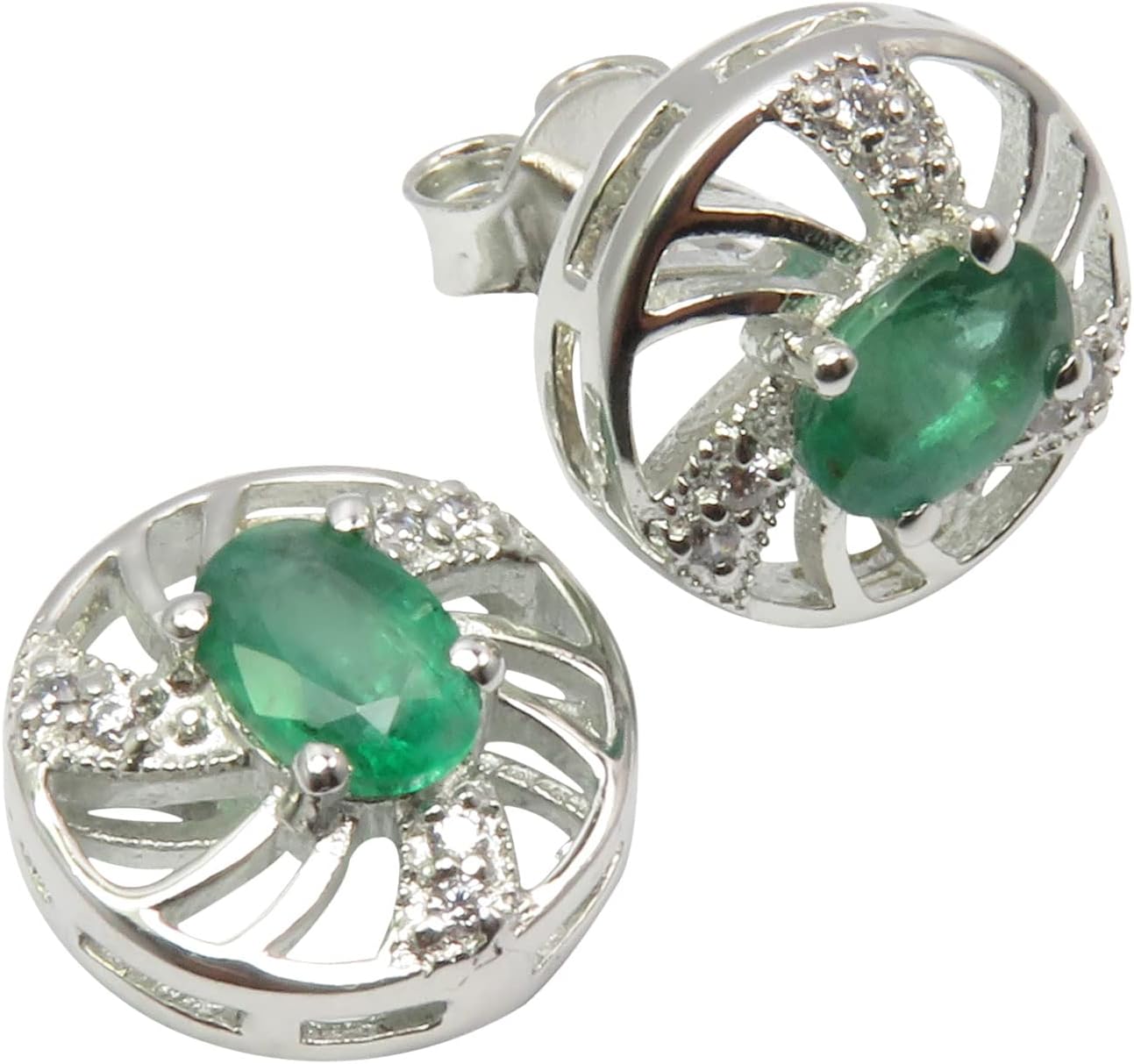 Sterling Silver Oval Emerald Stud Earrings 0.4" 2.8 Grams Fashion Jewelry