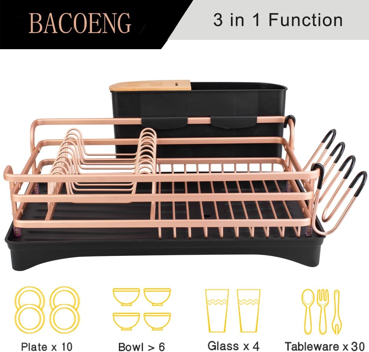 Gold Aluminum Dish Drying Rack with Utensil Cup and Swivel Spout
