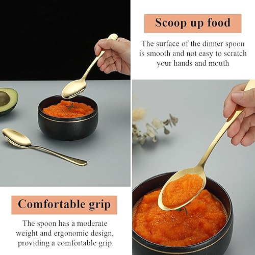 Miniatura 7 de Cucharas doradas de 12 piezas, cucharas de acero inoxidable chapado en titanio dorado de 7.28 pulgadas, cucharas de postre, cuchara de mesa,