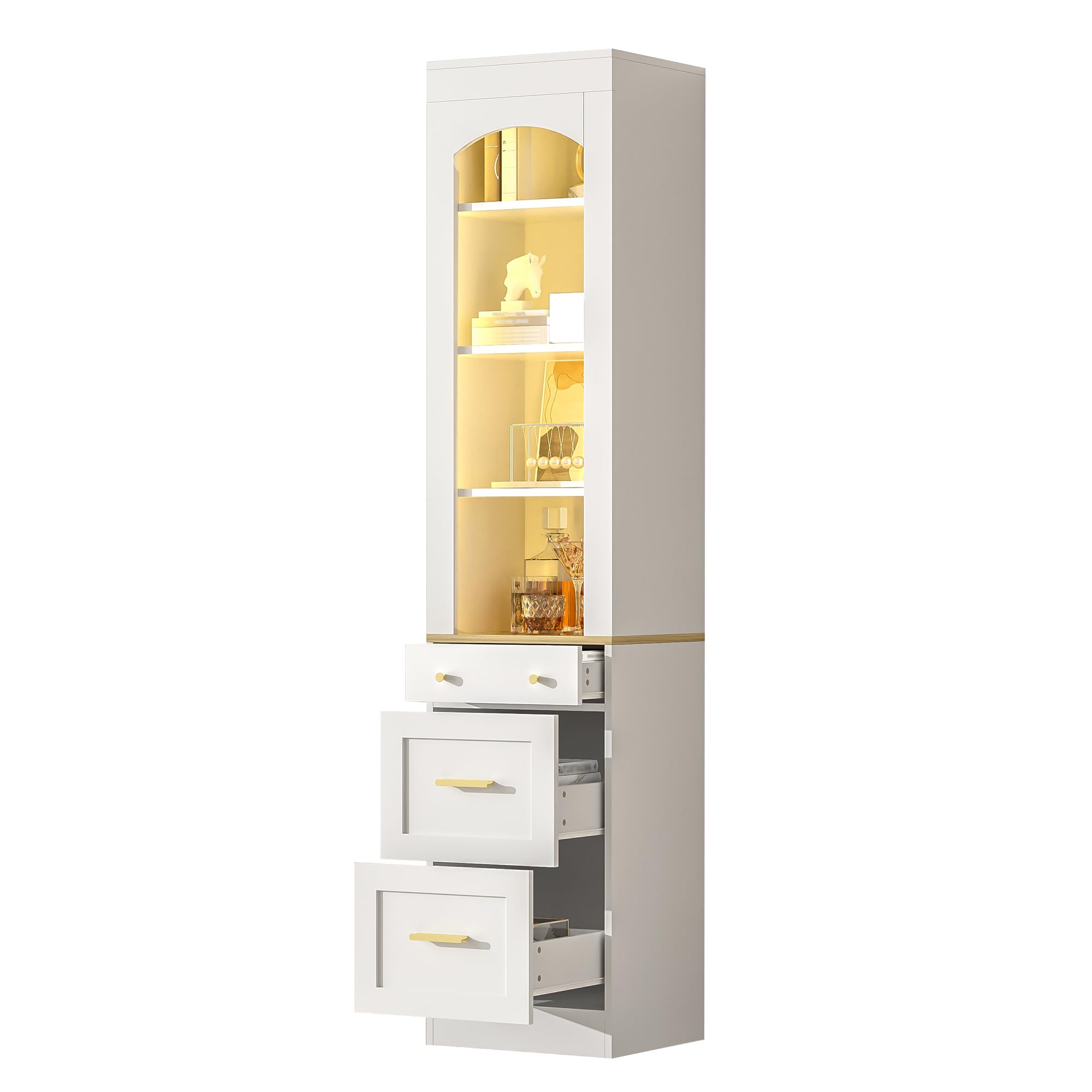 Shye Armario alto con 3 cajones, vitrina con mucho espacio de almacenamiento para salón y pasillo, color blanco/efecto madera, 40 x 35 x 180,5 cm, color blanco