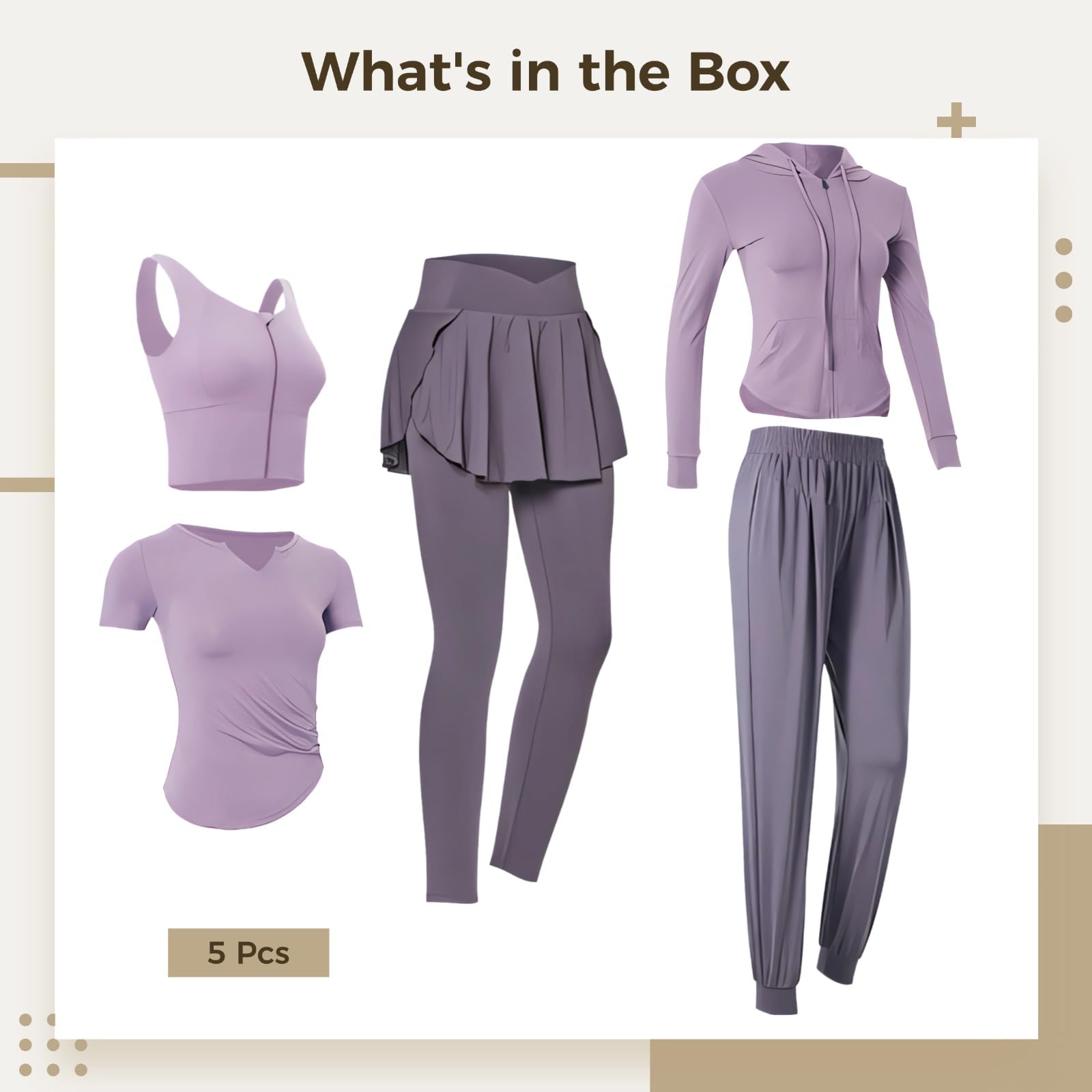 Conjunto de 5 piezas de ropa deportiva para mujer para yoga y entrenamiento, incluye chaqueta de manga larga, parte superior, pantalones, falda y brasier, tela transpirable que absorbe la humedad