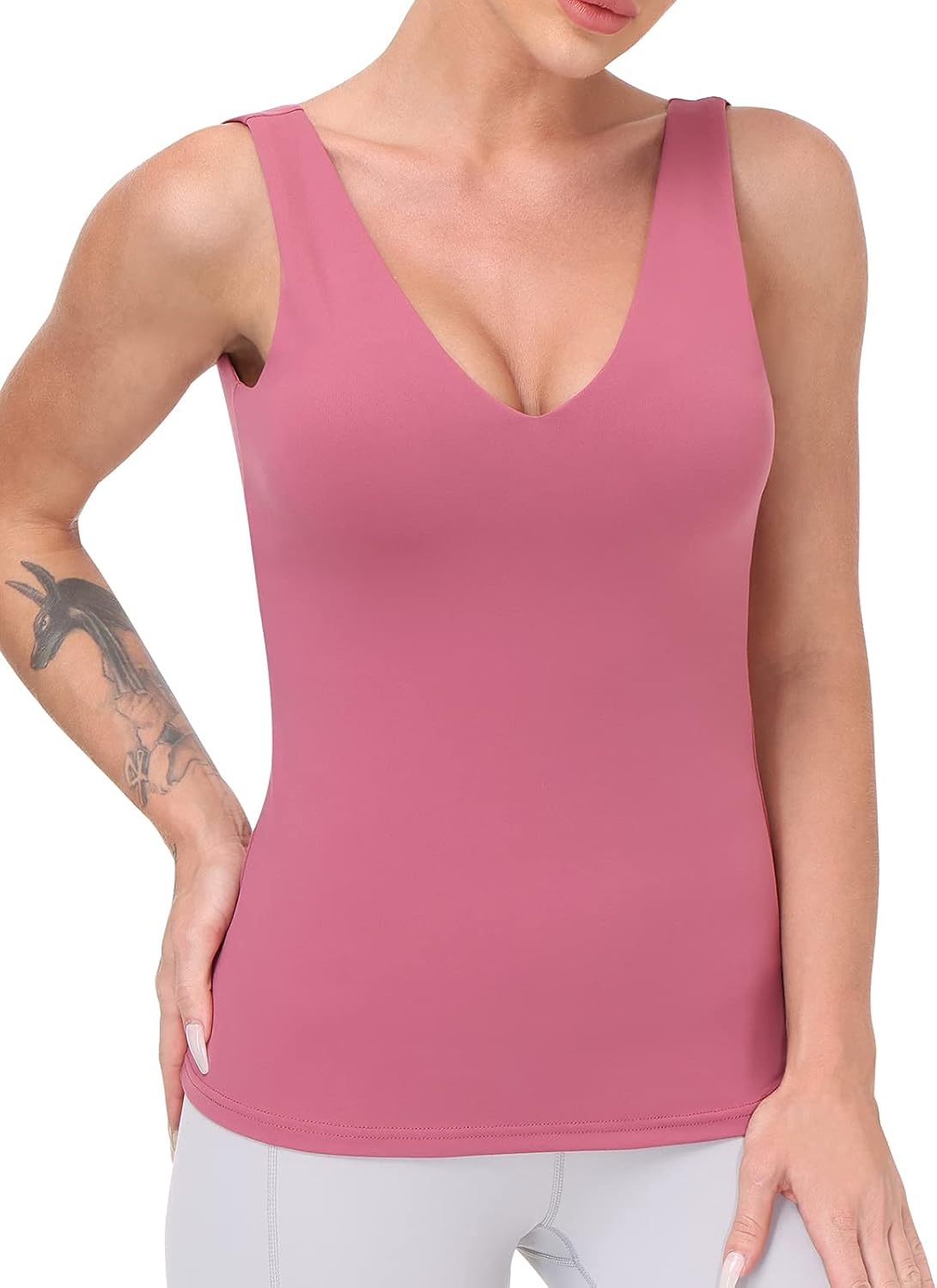 Workout Tops for Women Yoga Tank Tops with Built in Bra Wirefree Padded Yoga Bras Gym Running Athletic Shirt V-Neck Camisole