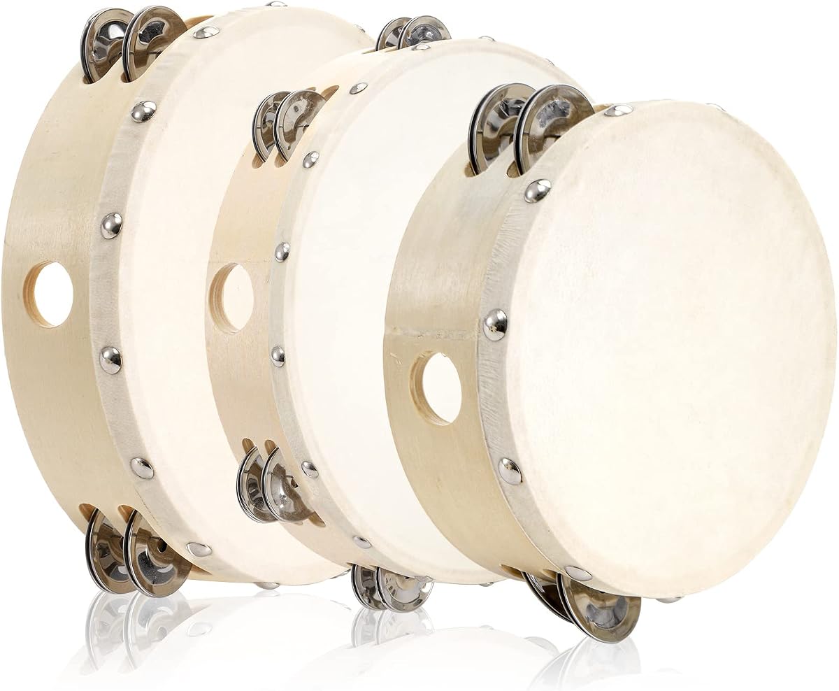 Tosnail Juego de 3 panderetas de madera, 10", 8", 6" campana de tambor de mano, jingles de metal de doble fila, instrumentos musicales