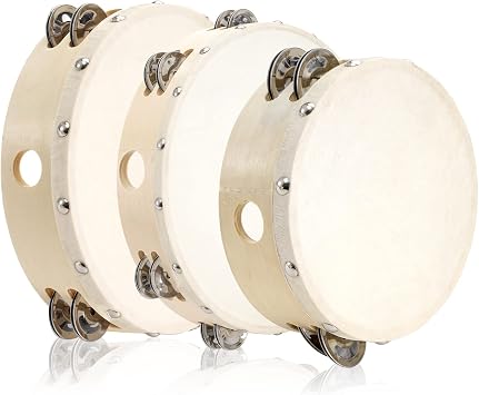 Tosnail Set of 3 Wooden Tambourine, 10", 8", 6" Hand Held Drum Bell, Double Rows Metal Jingles, Musical Instruments