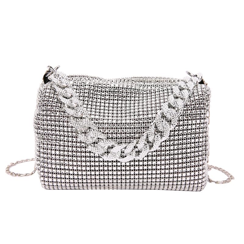 Bolsa Feminina Pequena de Diamante com Strass Brilhante – Clutch Festa e Bolsa de Festa Feminina Crossbody Elegante para Eventos (Silver)