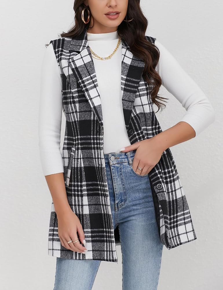 Mywinway Plaid Vest for Women Sleeveless Fall Winter Long Blazer Jackets Trendy Cardigan Outerwear Wool Coat