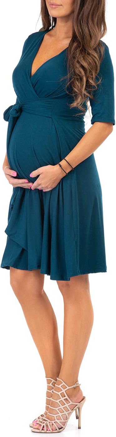 Mother Bee Maternity Women's Knee Length Wrap Dress with Belt for Baby Shower or Casual Wear at  Women’s Clothing store