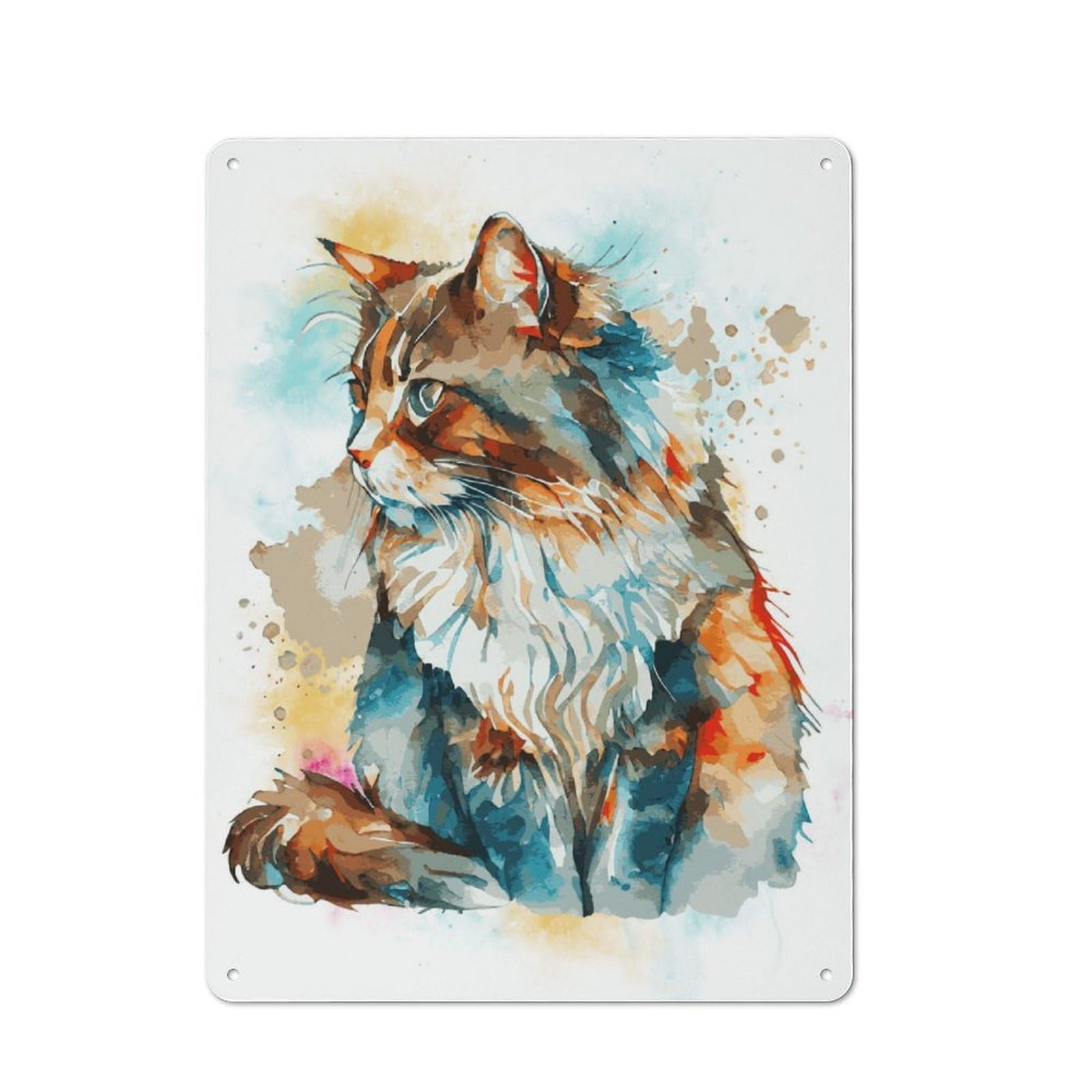 Junmoney Watercolor Long Hair Cat For Garden Room Or Summerhouse, Retro Tin Sign 40X30cm, For Garage, Workshop And Man Cave Decoration