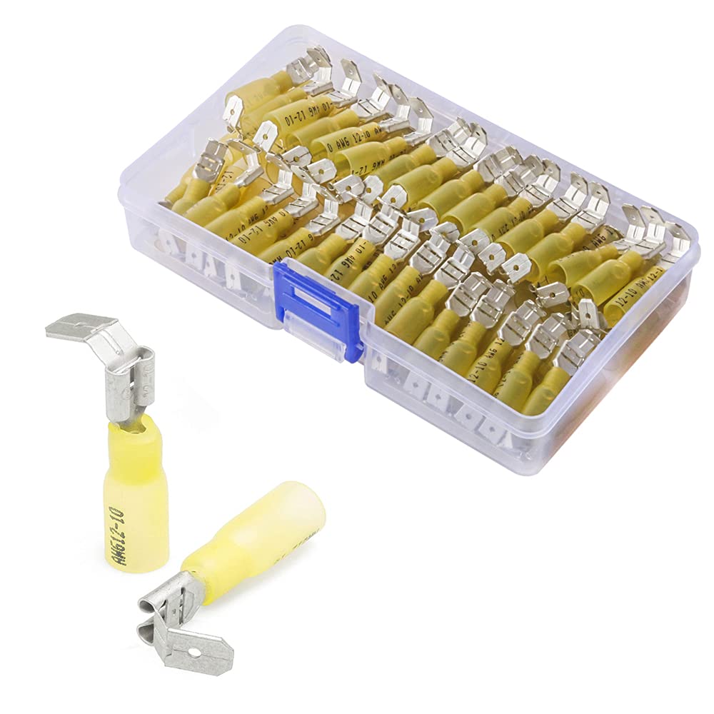 PONFY 80PCS Heat Shrink Piggyback Spade Connectors - 3 Way Spade Connector Kit - Quick Disconnect Electrical Terminals - Yellow 12-10 AWG