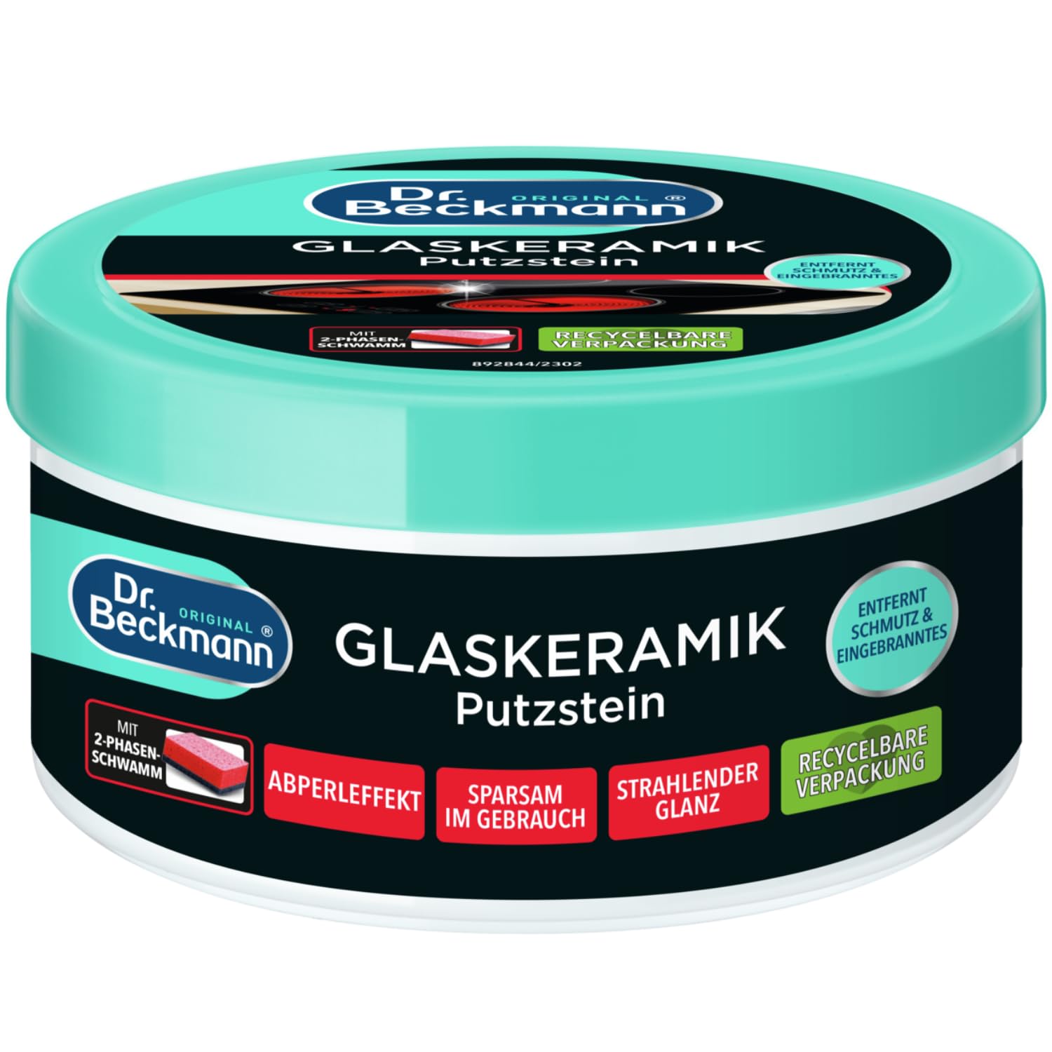 Dr. Beckmann Glaskeramik Putzstein | effektiver Kochfeld-Reiniger gegen hartnäckigen Schmutz | inkl. Spezialschwamm | 250 g (1er Pack) | Verpackung kann abweichen
