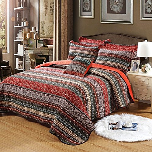 Hnnsi Exotic Bohemian Quilt Sets Queen Size 3 Pieces, Comfy Cotton Striped Patchwork Boho Bedspread Sets Boho Bedding Sets #TOP1