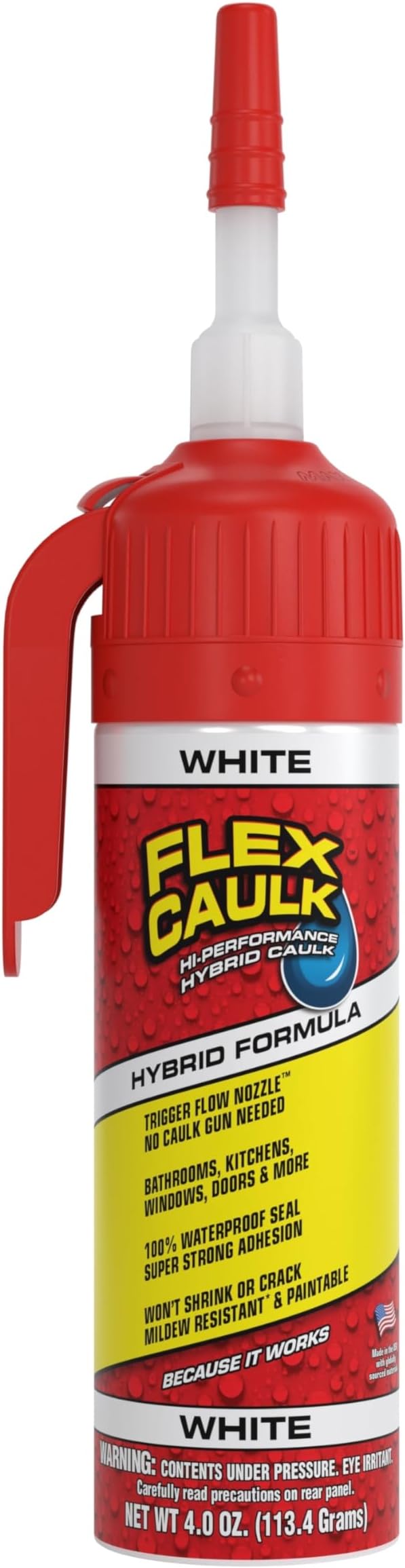 Flex Caulk, Waterproof & Weatherproof Hybrid Polymer Sealant, Strong, Paintable, Indoor, Outdoor, Bath, Shower, Sink, Window, Baseboards, Door, RV, Roof, Wood, Auto & Marine, White, 4 oz, 1-Pack