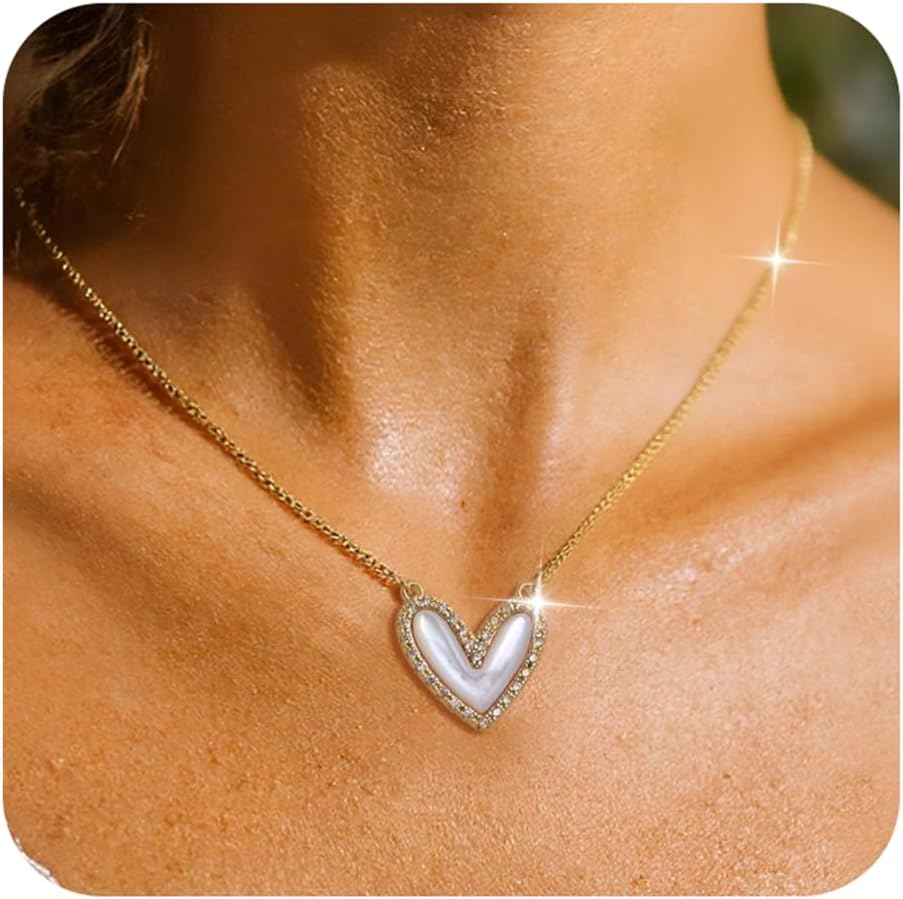 Sonateomber Gold Silver Heart Pendant Necklace for Women, Dainty Cute CZ Rhinestone Pearl Love Dangle Adjustable Chain Choker Necklaces Wedding Prom Accessories Fashion Jewelry Gift