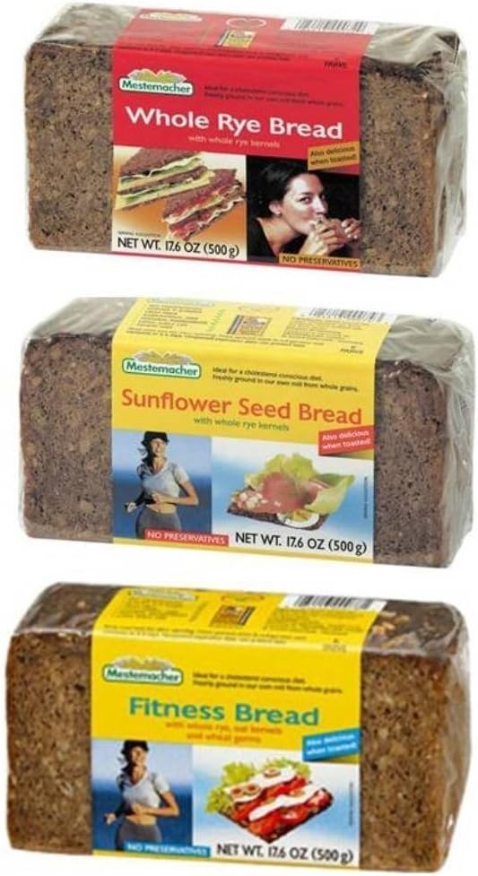 Mestemacher Natural High Fiber Bread Variety Pack – Fitness, Rye & Sunflower Seed – Whole Grain, Vegan, Non-GMO, Kosher – 17.6 oz Each (3-Pack)